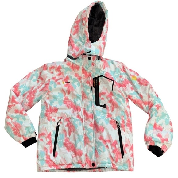 GEMYSE Hooded Snowboarding  Hooded Jacket  Girl’s L Watercolor Flowers Pink Blue - Picture 2 of 14
